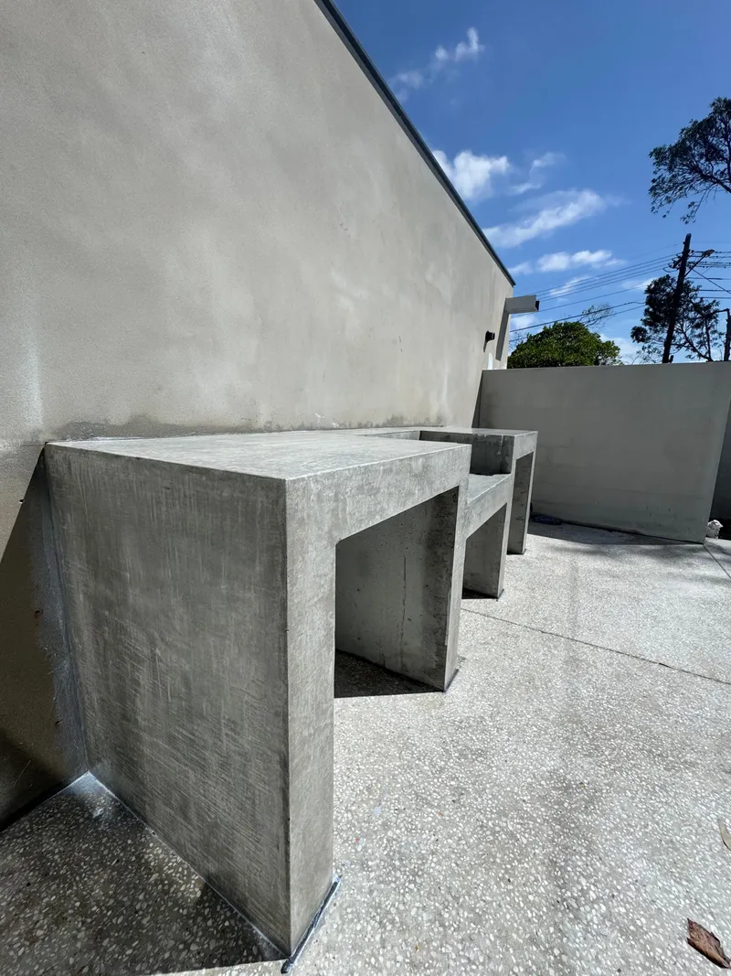 Full view of the concrete bench, seat and benchtop run at Burraneer