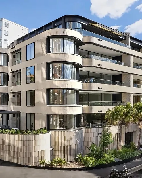 The luxury apartment building at 29 Billyard Avenue, Elizabeth Bay, with its curved facade