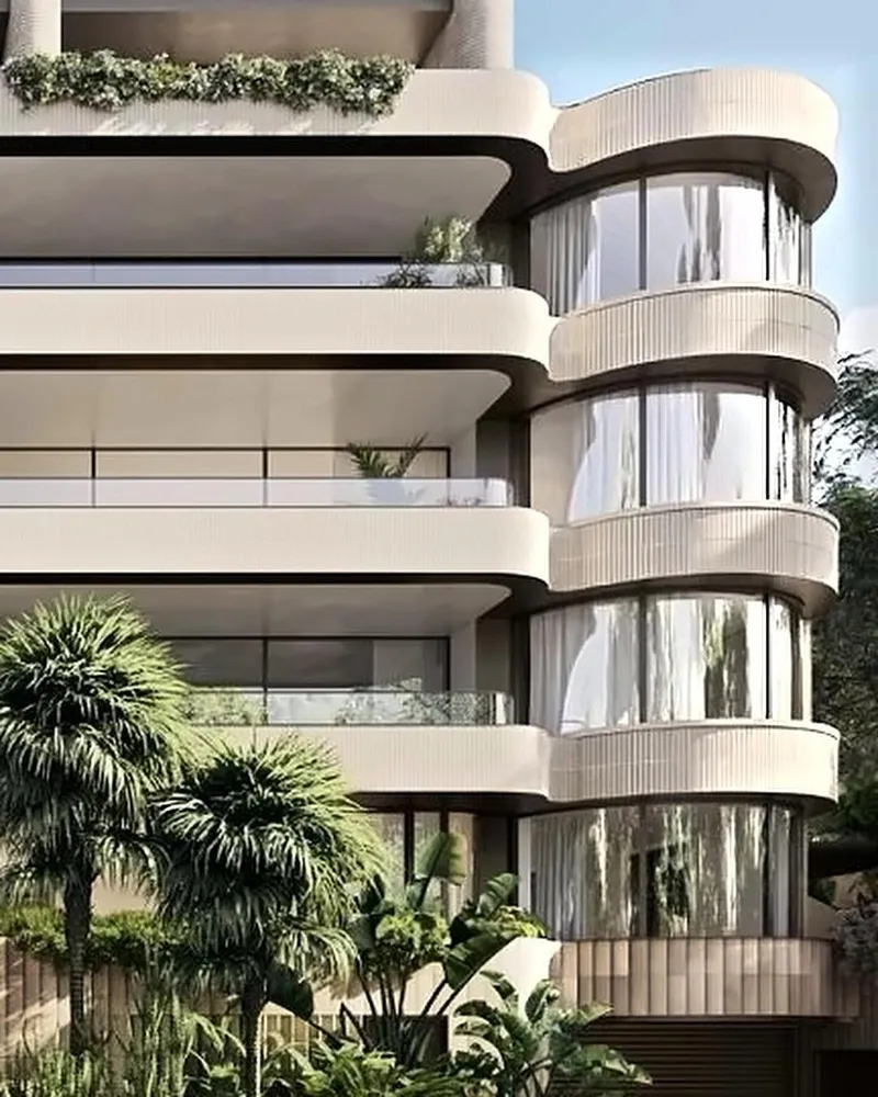 Close view of the curved balconies and window sills on the Elizabeth Bay building