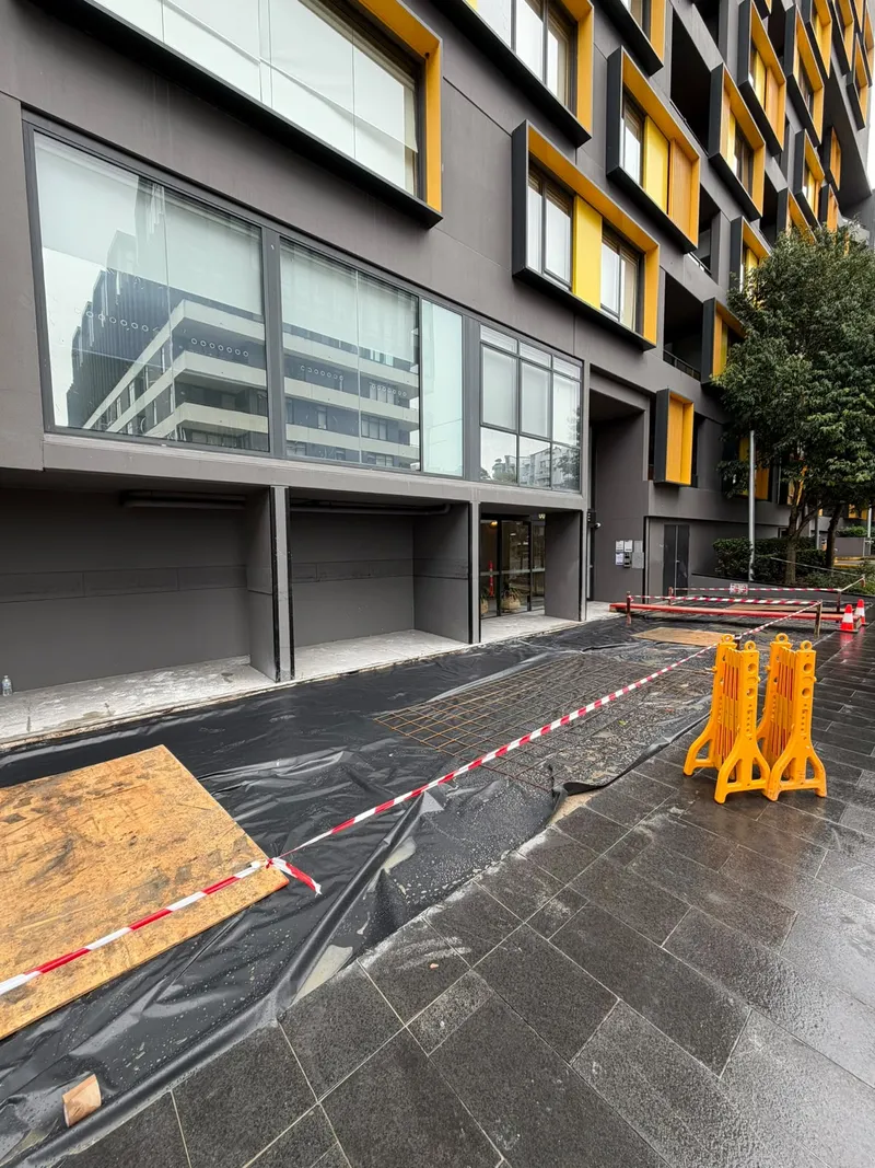 Steel mesh laid and protected under plywood and plastic sheeting at the 60 Nancarrow Ave entrance